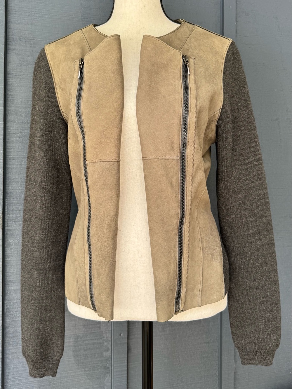 Elie Tahari Joplin Lamb Leather Merino Wool Convertible Moto Jacket S